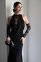 Black Fish Model Evening Dress with Lace Detail and Gloves