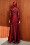 Burgundy Sleeves Feathered Top Sequined Satin Evening Dress - 5