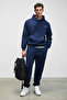 Scarn Men's Cotton Fleece Lined Embroidered Hooded Relaxed Dark Navy Blue Sweatshirt