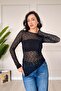 Asymmetrical Cut Transparent Lace Black Blouse