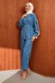 Blue Balloon Sleeve Tunic Tencel Denim Suit with Trousers - 3