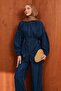 Navy Blue Balloon Sleeve Tunic Tencel Jeans Set with Trousers - 2