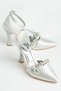 Women's Silver Semi-Closed Ankle Strap Ribbon and Stone High Heel Stiletto Shoes