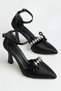 Women's Black Semi-Closed Ankle Strap Ribbon and Stone High Heel Stiletto Shoes - 2