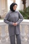 Gray Collared Zippered Tunic with Stone Detail and Trousers Set - 3