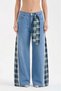 Women's Scarf Detailed Jeans with Plaid Fabric Design on the Sides