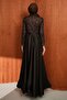 Brown Sleeves Feathered Top Sequined Satin Evening Dress - 5