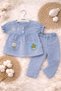 Bee and Flower Embroidered Pocket Detailed Denim Soft Jeans Baby Girl Top and Bottom Set