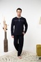 Men's Long Sleeve Buttoned Pocketed Cotton Seasonal Navy Blue Gray Piping Pajama Set