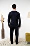 Men's Long Sleeve Buttoned Pocketed Cotton Seasonal Navy Blue Gray Piping Pajama Set - 3