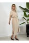 5439 Elasticated Watermelon Sleeve, Polo Collar, Gathered Waist, Side Slits, Striped, Tencel Dress - 3