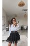 Black Crepe Fabric Layered Skirt with Lace Detail and Belt - 4