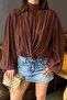 Women's Brown Draped Blouse High Neck Casual Stylish Mlb177 - 5