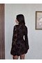 Brown Embossed Mini Dress with Scarf Collar – Long Sleeve Stylish Evening & Event Dress - 5