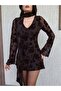 Brown Embossed Mini Dress with Scarf Collar – Long Sleeve Stylish Evening & Event Dress - 2