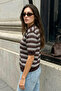 Women's Striped Short Sleeve Polo Collar Buttoned Knitwear Sweater Brown 26S3041 - 2