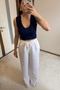 White Linen High Waist Palazzo Trousers with Drawstring - 5