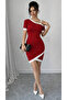 Women's Asymmetrical Cut Collar, Stripe and Accessory Detailed Short Sleeve Modal Dress - 2
