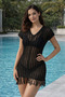 Women's Front Back V-Neck Sleeveless Knitted Patterned Tasseled Mini Black Knitwear Beach Dress - 6