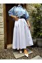 White A-Line Pleated and Belted Long Poplin Women's Skirt 31070 - 3