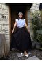 Black A-Line Pleated and Belted Long Poplin Women's Skirt 31070 - 7