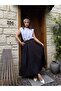 Black A-Line Pleated and Belted Long Poplin Women's Skirt 31070 - 5