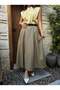 Khaki A-Line Pleated and Belted Long Poplin Women's Skirt 31070 - 5