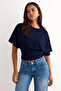 Waist-Tied Wide-Sleeved Navy Blue Natural Viscose Blouse - 2