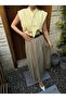 Khaki A-Line Pleated and Belted Long Poplin Women's Skirt 31070 - 4