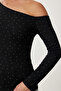 Open Shoulder Stone Detailed Knitted Blouse Ldz0071 Black - 5