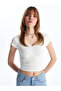Xside Ecru V-Neck Plain Short Sleeve Crop Women's Blouse