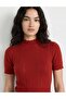 Women's Red Half Turtleneck Slightly Transparent Ruffle Detailed Short Sleeve Ribbed Knitwear Blouse - 2