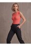 Women's Orange Sleeveless Crew Neck Transparent Ribbed Blouse - 2