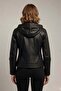 Black Stella Women's Genuine Leather Coat with Hood and Pockets - 2