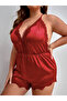 Lace Detailed Soft Satin Strap Mini Jumpsuit Nightgown - 4