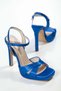 Women's Sax Blue Satin Platform Heeled Shoes - 2