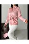 Women's Satin Front Tie Detailed Long Sleeve Shirt Pink / Black / Coffee - 3