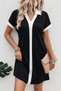 Women's Short Sleeve V-Neck Front Stripe Detailed Collared Short Crepe Dress - 3
