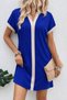 Women's Short Sleeve V-Neck Front Stripe Detailed Collared Short Crepe Dress - 4