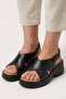 Black Genuine Leather Cross-Strapped Platform Sole Women's Sandals with Ankle Strap Platform Sole - 8