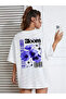تي شيرت TREND FLOWERS MIX مطبوع من الخلف والأمام، تي شيرت أبيض أساسي كبير الحجم بأكمام قصيرة للجنسين