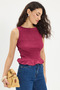 Women's Slim Fit 100% Cotton Zero Sleeve Gathered Crew Neck Fuchsia Blouse - 7