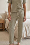 Green Striped 4 Buttons Short Sleeve Pajamas Set 4583 - 2