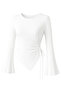 Women's Crew Neck Side Gathered Asymmetrical Bottom Cut Diver Fabric Spanish Sleeve Blouse - 2