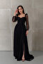 Women's Black Slim Fit Long Sleeve Leg-Cut Low-Cut Lace Evening Dress - 2