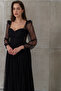 Women's Black Slim Fit Long Sleeve Leg-Cut Low-Cut Lace Evening Dress - 3