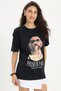 Women's Oversize Wide Cut 100% Cotton Crew Neck Short Sleeve Printed Black T-Shirt Blouse