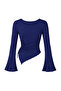 Women's Crew Neck Side Gathered Asymmetrical Bottom Cut Diver Fabric Spanish Sleeve Blouse - 3