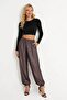 Satin Textured Elastic Leg Detail High Waist Loose Pants