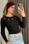 Women's Long Sleeve Camisole Mini Low-Cut Crop Blouse Black - 2